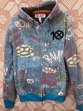 10.Deep XL Comic Book Graffiti Full-Zip Hoodie Y2K Streetwear